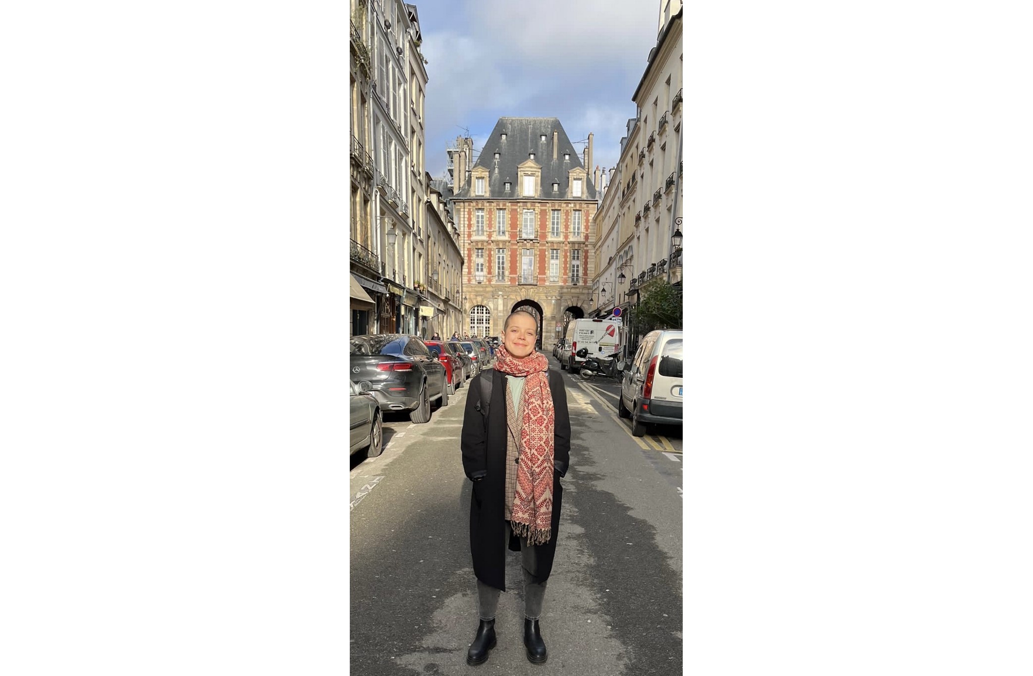 Julie Flandreau in Paris, specifically outside the Maison Victor Hugo