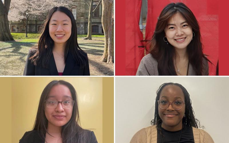 The team of four students in the College of Arts and Sciences chosen for a 2024 Kathryn Wasserman Davis Projects for Peace grant for their summer community healthcare project in Philadelphia includes, clockwise from top left,  third-year students Annabelle Jin, Claire Jun, and Destiny Uwawuike, and second-year student Johana Munoz.