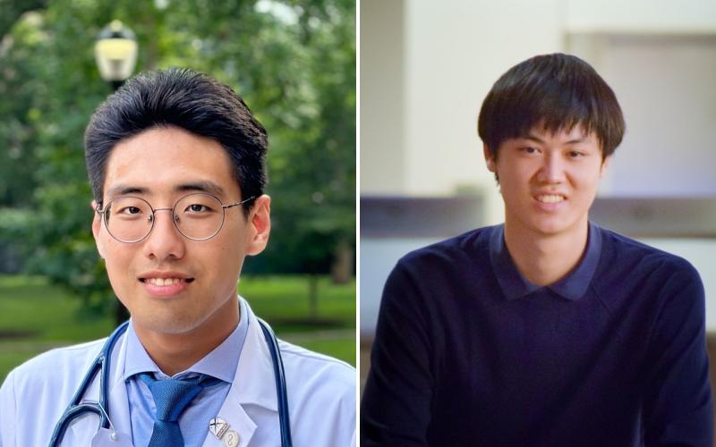 Penn students chosen for the 2024 Paul & Daisy Soros Fellowship for New Americans are Min Jae Kim (left), a graduate student pursuing an M.D./Ph.D. in neuroscience at the Perelman School of Medicine, and Zijian (William) Niu (right), a fourth-year undergraduate majoring in biochemistry, biophysics, and physics in the College of Arts and Sciences.